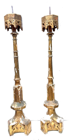 19th Century Giltwood Gothic Candlestics, Pair