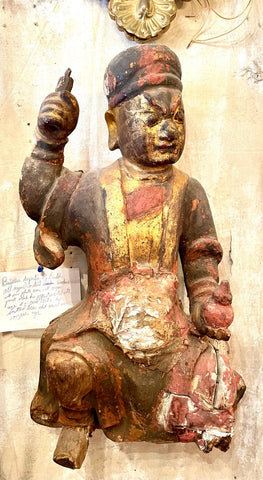 19th Century Burmese Depiction Of A Buddha W/original Carved Wood, Paint And Plaster