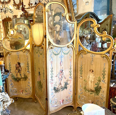 c/1870 French Silk Hand-painted Four-panel Folding Screen With Striped-lined Back and Glass Tops