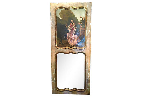 French Trumeau Parcel-Gilt Mirror with Oil Canvas