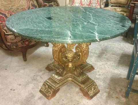 19th-C Carved and Gilt Wood Italian Round Table w/Green Marble Top