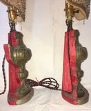 19th-Century Italian Pressed Brass Urn Lamps w/Beaded Shades