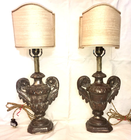 18th-Century Italian Carved & Silver-gilt Wood Fragment Lamps