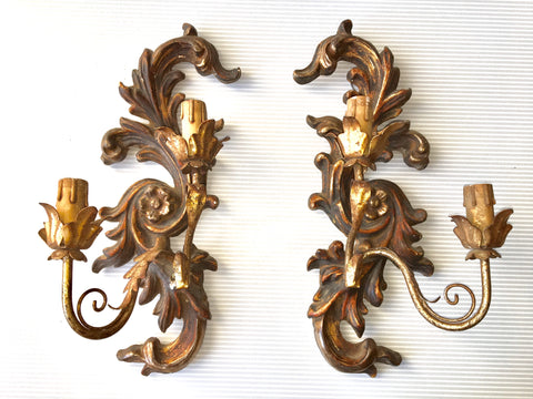 1940s Italian Carved and Parcel-gilt Sconces, Pair