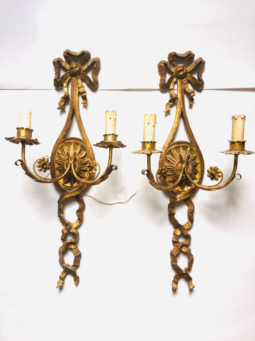 1940s Italian Carved & Gilt Two-arm Ribbon Sconces, Pair