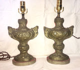 19th-Century Italian Pressed Brass Urn Lamps w/Beaded Shades