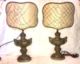19th-Century Italian Pressed Brass Urn Lamps w/Beaded Shades