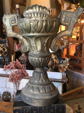 19th-Century Italian Pressed Brass and Carved Wood Urn
