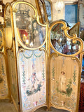 c/1870 French Silk Hand-painted Four-panel Folding Screen With Striped-lined Back and Glass Tops