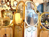 c/1870 French Silk Hand-painted Four-panel Folding Screen With Striped-lined Back and Glass Tops
