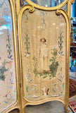 c/1870 French Silk Hand-painted Four-panel Folding Screen With Striped-lined Back and Glass Tops