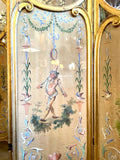 c/1870 French Silk Hand-painted Four-panel Folding Screen With Striped-lined Back and Glass Tops