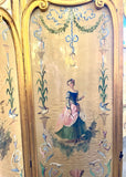 c/1870 French Silk Hand-painted Four-panel Folding Screen With Striped-lined Back and Glass Tops